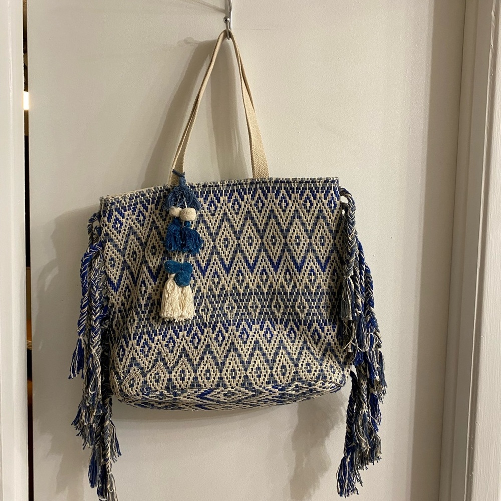 Blue & cream shoulder tote bag